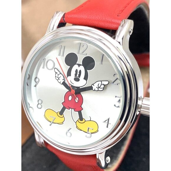 Disney Mickey Mouse Women's Watch Silver Tone Case 38mm Red Leather Band… - Picture 13 of 14